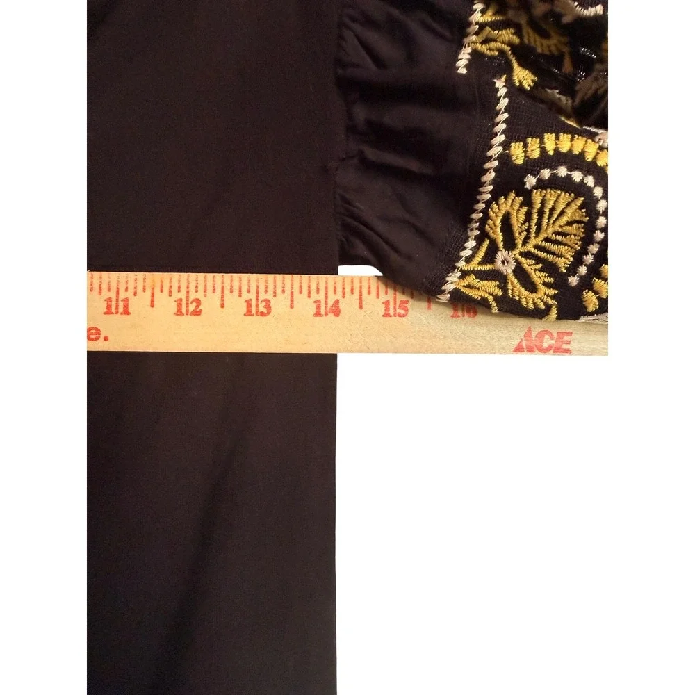 Boho Festival Free People Black Embroidered Puff Sleeve Off Shoulder Top‎ Med